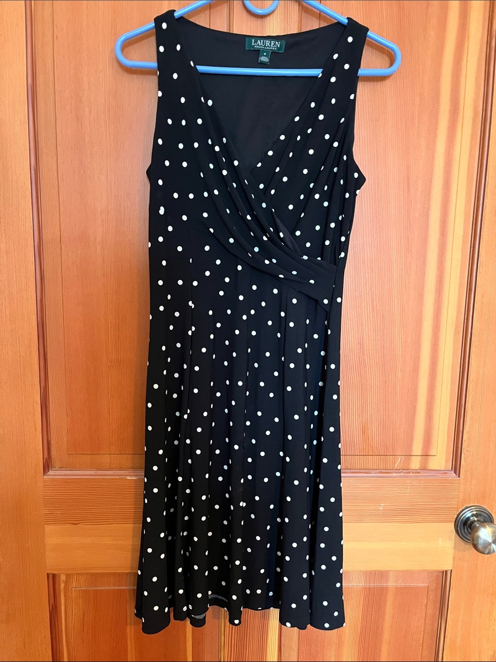 Lauren Ralph Lauren Black and White Polka Dot Sleeveless Wrap-Style Dress